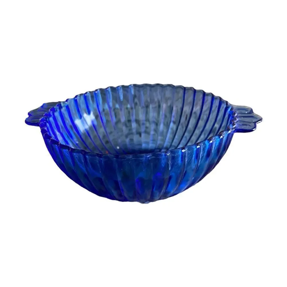 Vintage - Set of 2 Small Blue Glass Modern Design Bowls with Ridge Design